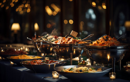 catering buffet food indoor in luxury restaurant with meat and vegetablesの素材