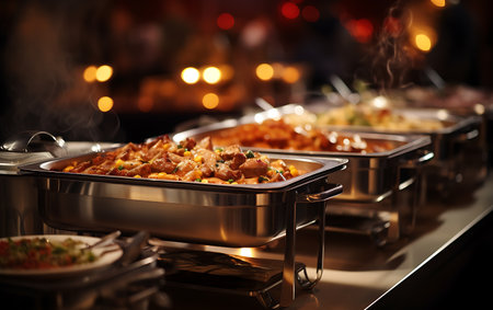 catering buffet food indoor in luxury restaurant with meat and vegetablesの素材