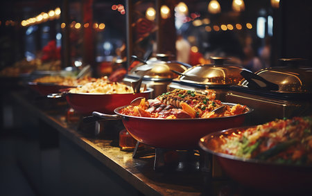 catering buffet food indoor in luxury restaurant with meat and vegetablesの素材