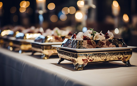 Beautifully decorated catering banquet table with different food snacks and appetizersの素材