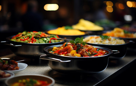 Bowls with different kinds of food in the buffet restaurant.の素材