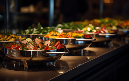 catering buffet food indoor in luxury restaurant with meat colorful fruits and vegetablesの素材