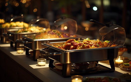 catering wedding buffet food indoor in luxury restaurant with meat and vegetablesの素材