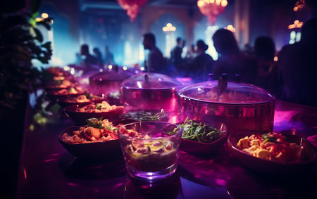 catering wedding buffet food indoor in luxury restaurant with meat and vegetablesの素材