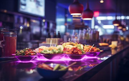 Catering buffet in a night club. Toned image.の素材