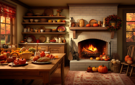 Kitchen interior with fireplace, pumpkins and vegetables. 3d renderの素材