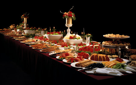 catering wedding buffet with variety of food on table in restaurantの素材
