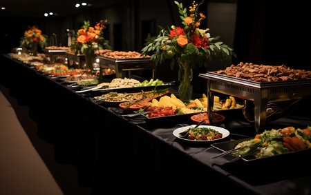 catering wedding buffet food indoor in luxury restaurant with meat colorful fruits and vegetablesの素材
