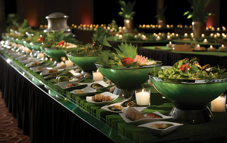 catering wedding buffet with variety of food on table in restaurantの素材