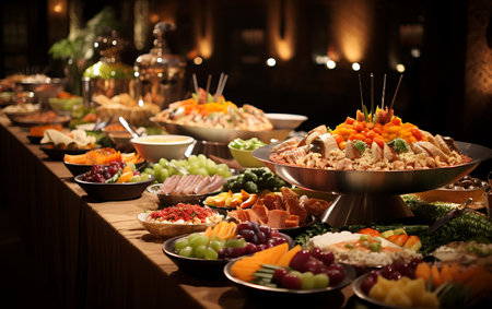 catering buffet food indoor in luxury restaurant with meat and vegetablesの素材
