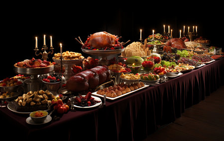 catering buffet with different food and drinks on a black backgroundの素材