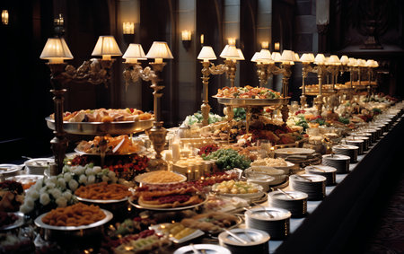 catering wedding buffet food indoor in luxury restaurant with meat and vegetablesの素材