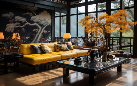 modern living room with yellow sofa and table,3d rendering.の素材