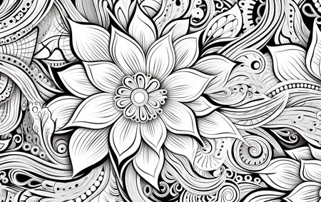 Seamless Monochrome Floral Pattern. Hand Drawn Floral Texturerative Flowers, Coloring Bookの素材