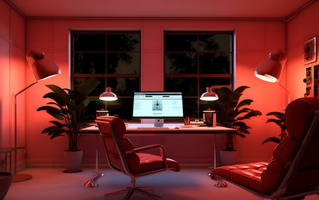 3D rendering of a modern office interior with red walls and floorの素材
