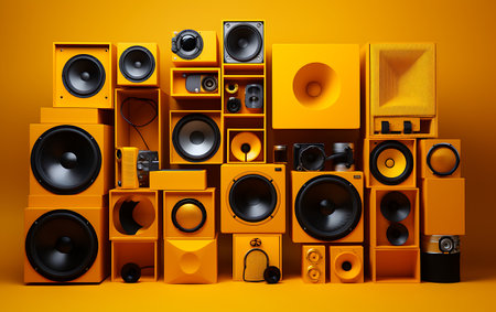 Big group of yellow sound speakers on orange background. 3d renderingの素材