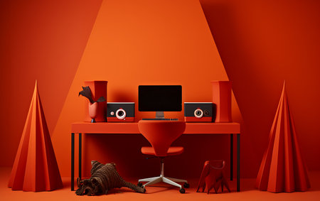 3d illustration of modern office interior with desk, computer, chair, books, plant and red paper tree.の素材
