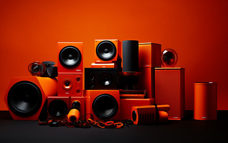 3d illustration of a set of modern audio speakers on a red backgroundの素材