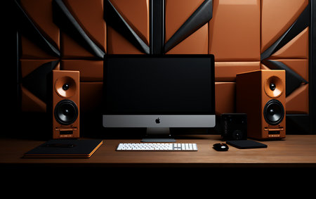 Computer and speakers on the wooden desk in the room. 3d renderingの素材