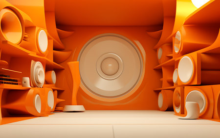 3d illustration of orange sound speakers in a room with orange wallsの素材