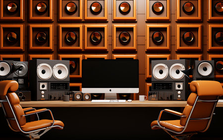 3d render of interior of a music studio with speakers and speakersの素材