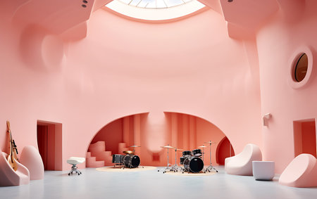 Interior of modern music studio with pink walls and floor, 3d renderingの素材