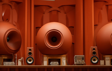 Red loudspeakers in a music store. 3D rendering. Toned image.の素材