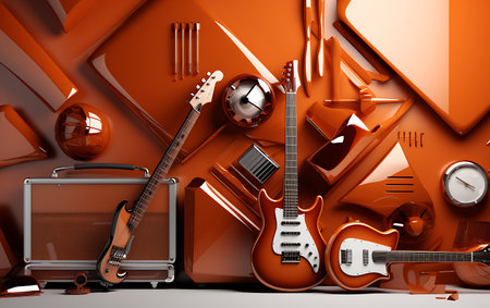3d illustration of orange abstract background with electric guitar and old caseの素材