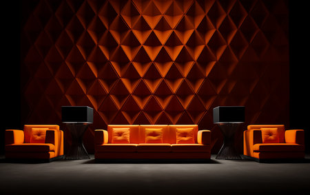 Orange leather sofa and two armchairs in modern interior. 3D renderingの素材