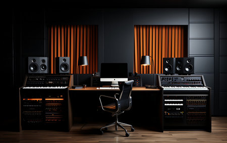 Interior of modern recording studio with equipment. 3D Renderingの素材