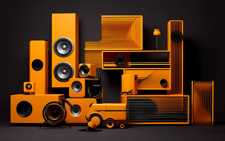 Orange modern audio speakers on black background. 3d render illustration.の素材