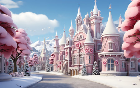 Pink fairy tale castle with pink trees in the snow, 3d renderの素材