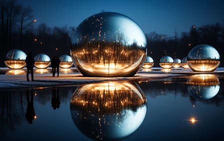 Glass ball with reflection in the park at night. 3D renderingの素材
