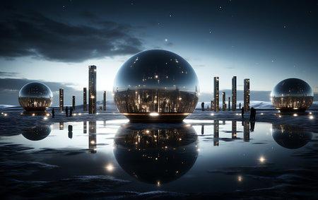 Glass sphere in the sea with a reflection of the city at nightの素材
