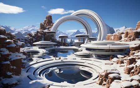 3D CG rendering of space ship and alien planet in snowy landscapeの素材