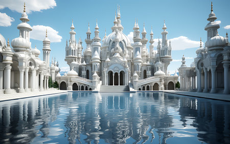 White temple with blue sky and reflection in water. 3D renderingの素材