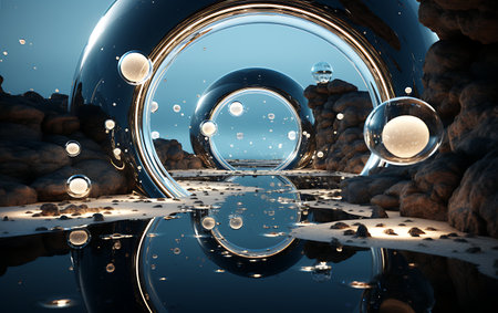 Futuristic space tunnel with planets and stars. 3d renderingの素材