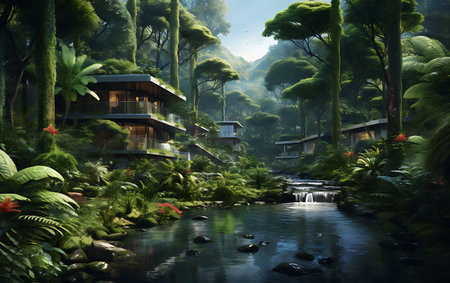 3d rendering of a hotel in a jungle with a waterfall in the backgroundの素材