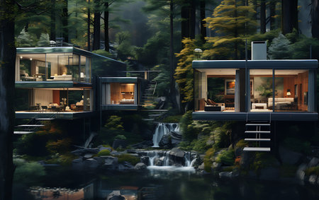 3d rendering of modern cozy chalet with pool and parking for sale or rent. Beautiful forest background.の素材