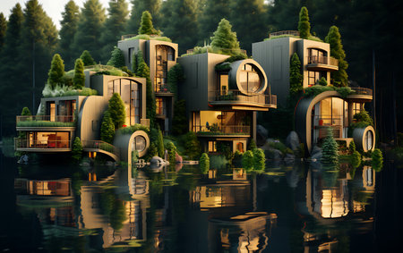3d render of a modern villa on the lake with reflectionの素材