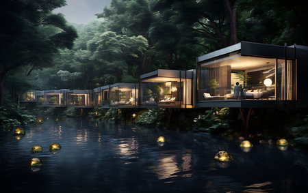 3d rendering of modern cozy house with pool and parking for sale or rent in luxurious style by the river.の素材