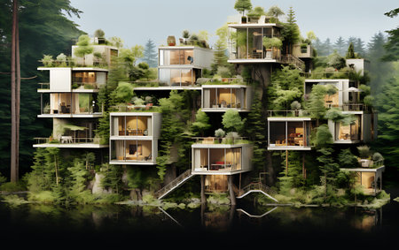 3D model of a modern house on a lake in the forestの素材