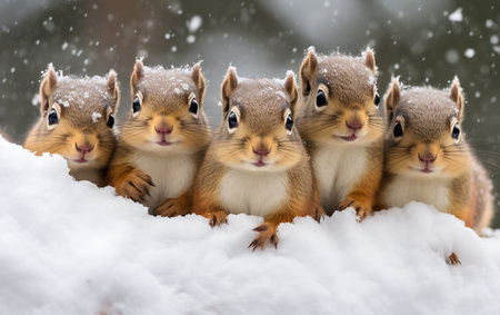 Group of squirrels sitting on the snow in winter with snow.の素材