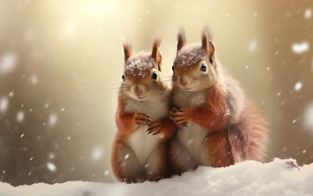 Two cute squirrels in winter forest on snowfall background. Space for textの素材