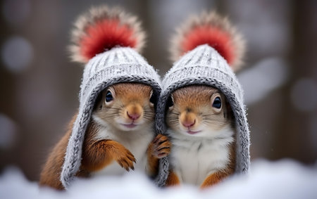 Two squirrels in warm winter hats sitting on snow and looking at cameraの素材