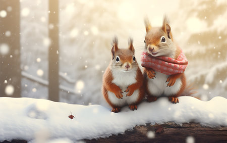 Two cute squirrels in scarves sit on a log in the winter forest.の素材