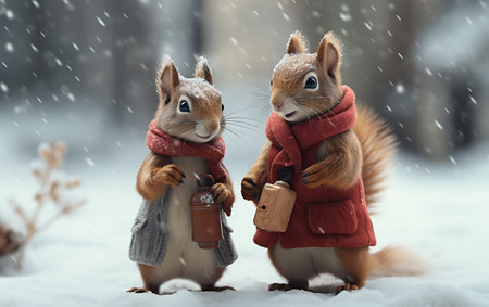 Two cute squirrels in warm clothes with gift boxes on snowy backgroundの素材