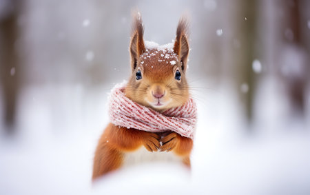 Cute red squirrel with a scarf on the winter forest background.の素材