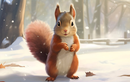 Squirrel in winter forest. 3D illustration. Cartoon style.の素材