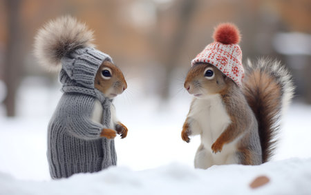 Two squirrels in winter clothes on a walk in the park.の素材